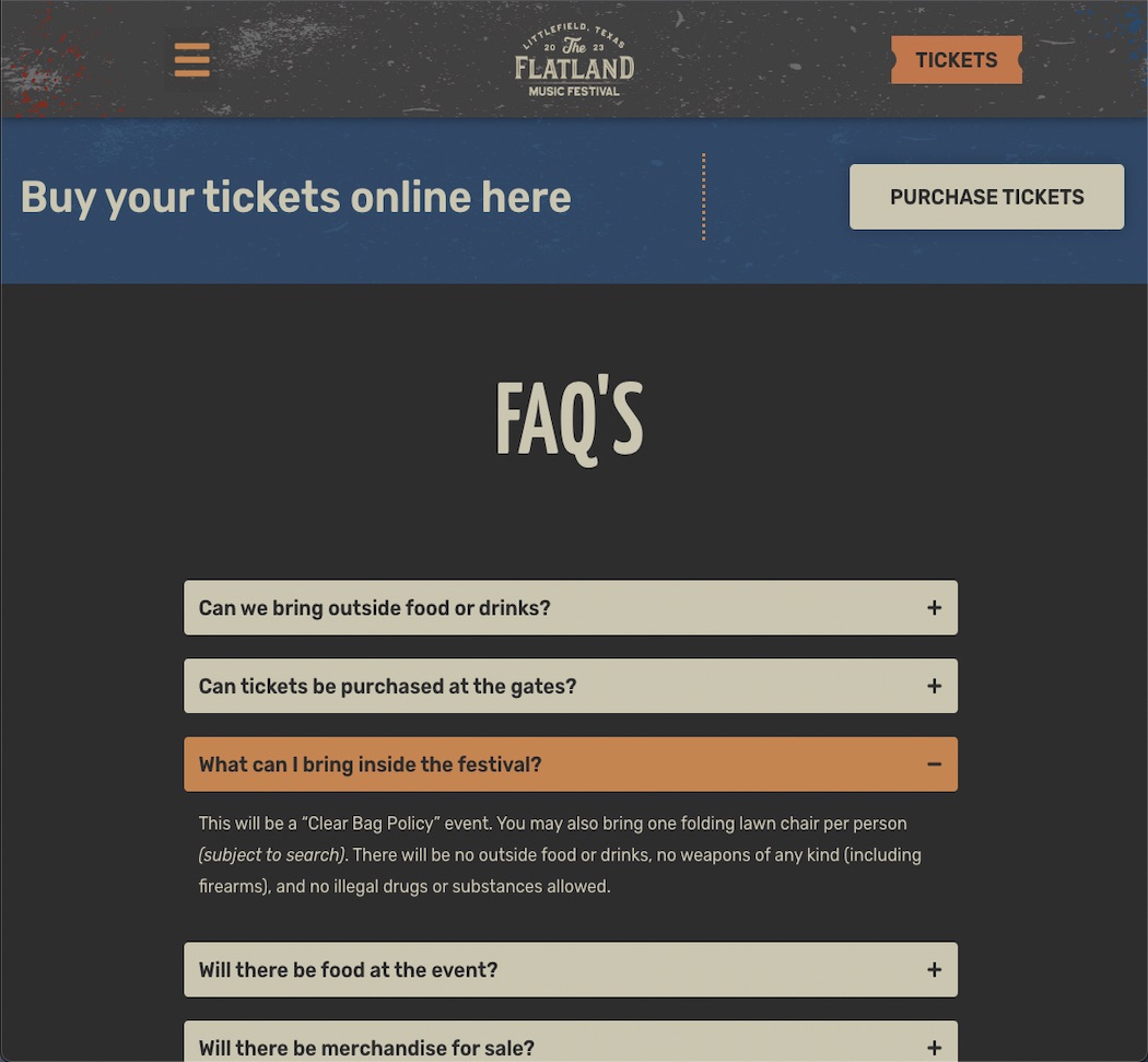 Flatland Music Festival website screenshot of FAQ's page for the Lubbock Website Designer, Cre8ive
