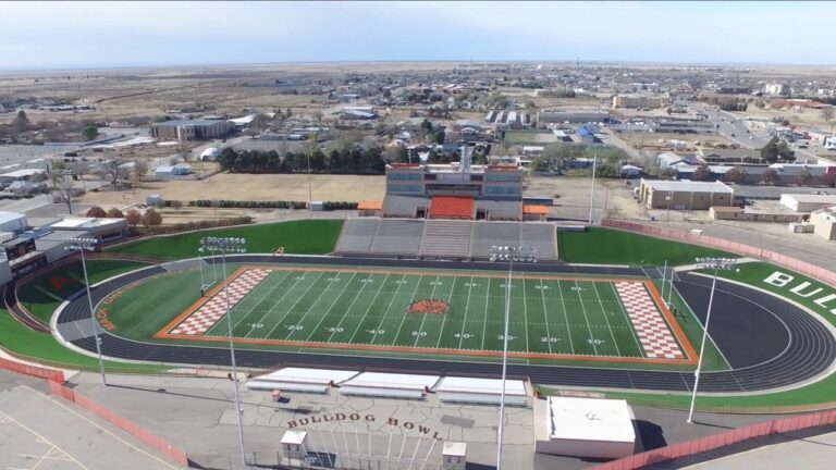 Photo of Artesia's famous Bull Dog Bowl captured by Lubbock video production company, Cre8ive from the drone's perspective